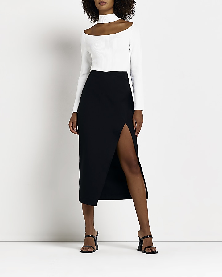 Black split hem pencil midi skirt