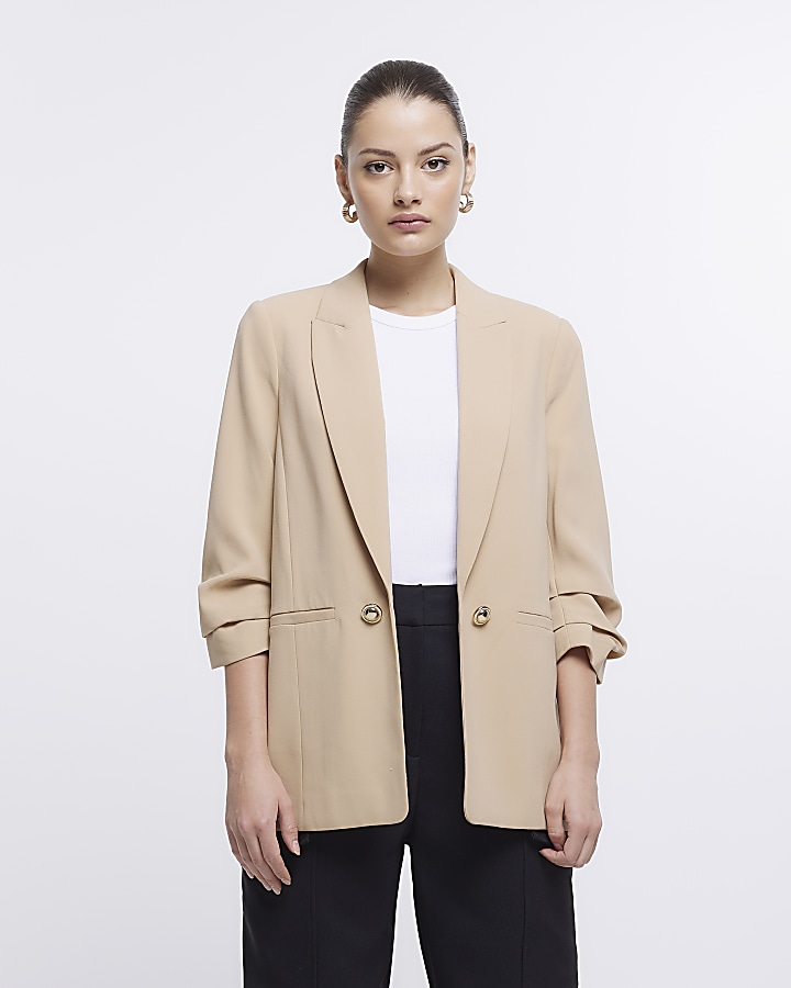 Beige Ruched Sleeve Blazer