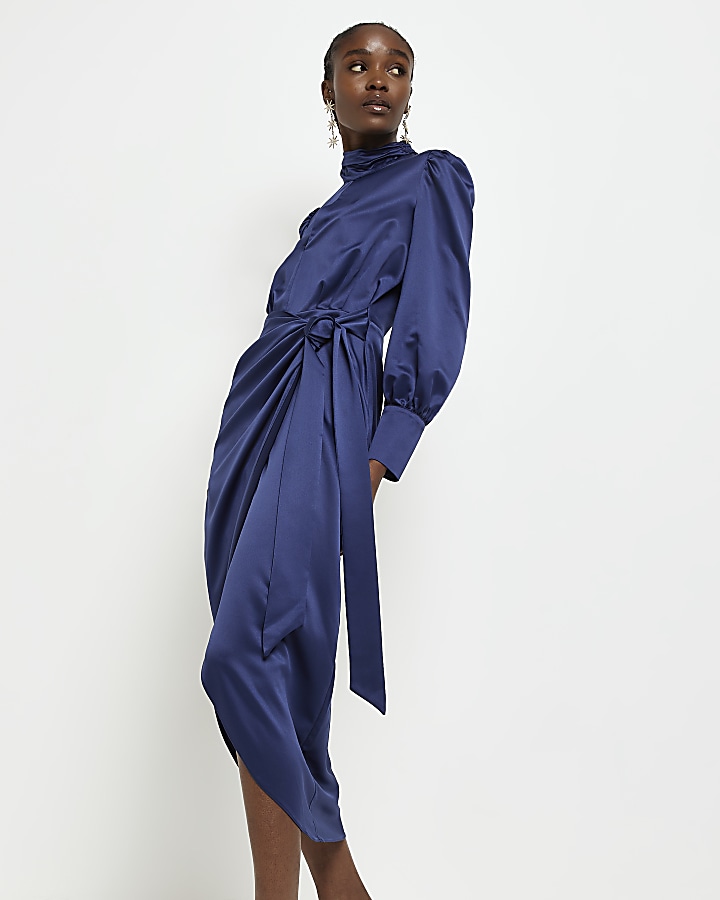 Ever New long sleeve tie waist midi dress in blue satin