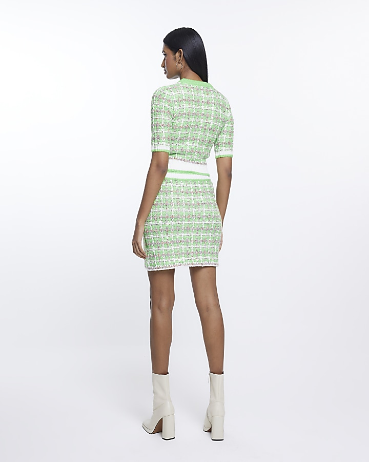 Green check knit mini skirt
