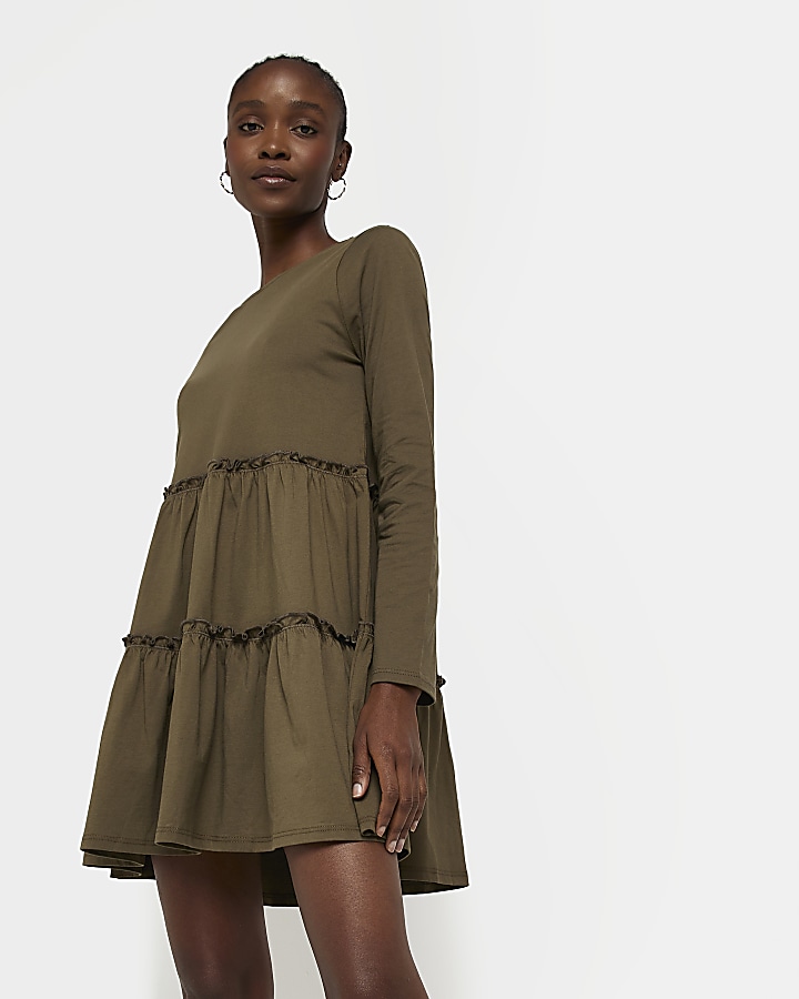 Khaki long sleeve mini dress