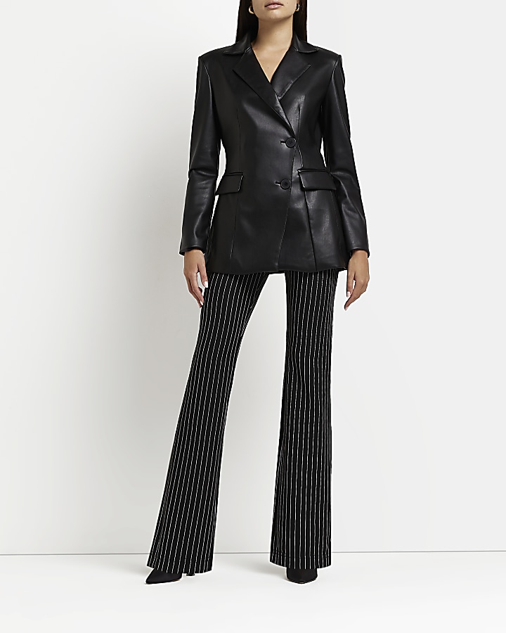 Jawbreaker High-Waisted Striped Buckle Belt Flare Pants - Black Pinstripe