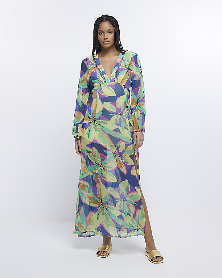 Purple floral frill maxi dress store river island