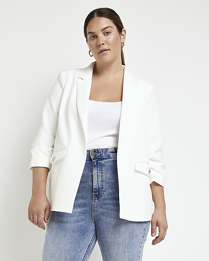 Plus white ruched sleeve blazer