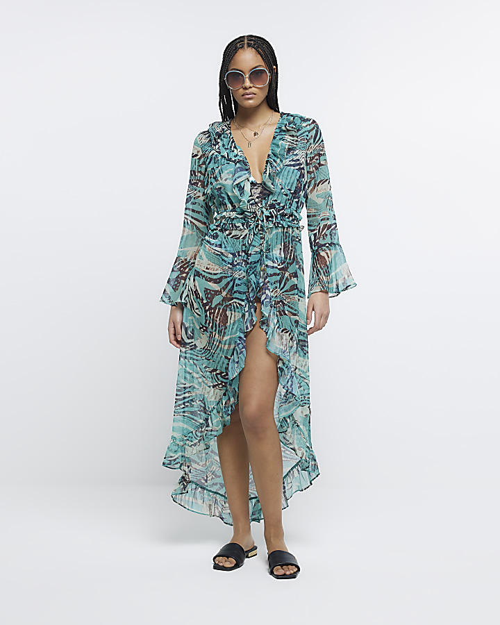 Blue animal print chiffon kaftan | River Island