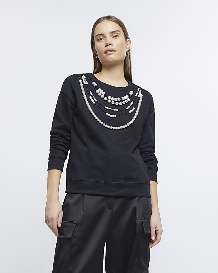 Black pearl embellished sweatshirt