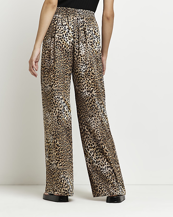 Brown leopard print wide leg trousers