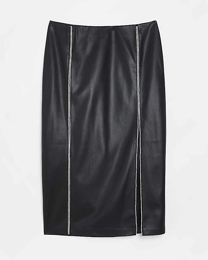 Plus black faux leather diamante midi skirt