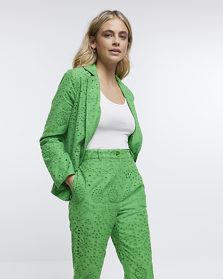 Green wide leg broderie trousers