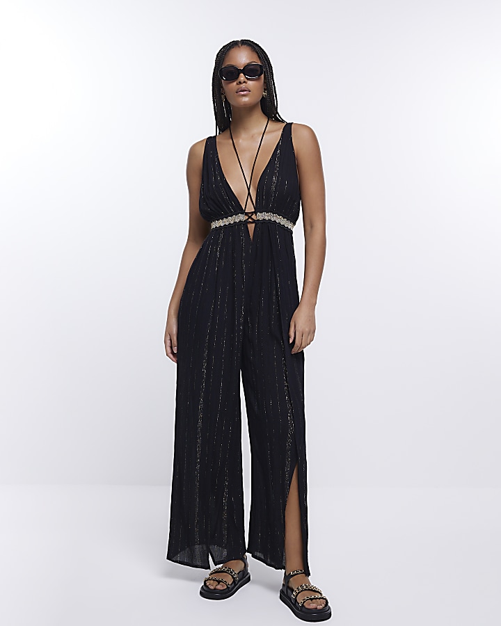 Black plunge beach jumpsuit