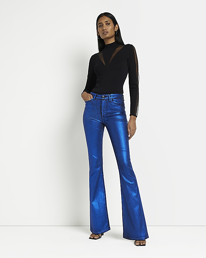 Blue coated high waisted flared jeans | River Island