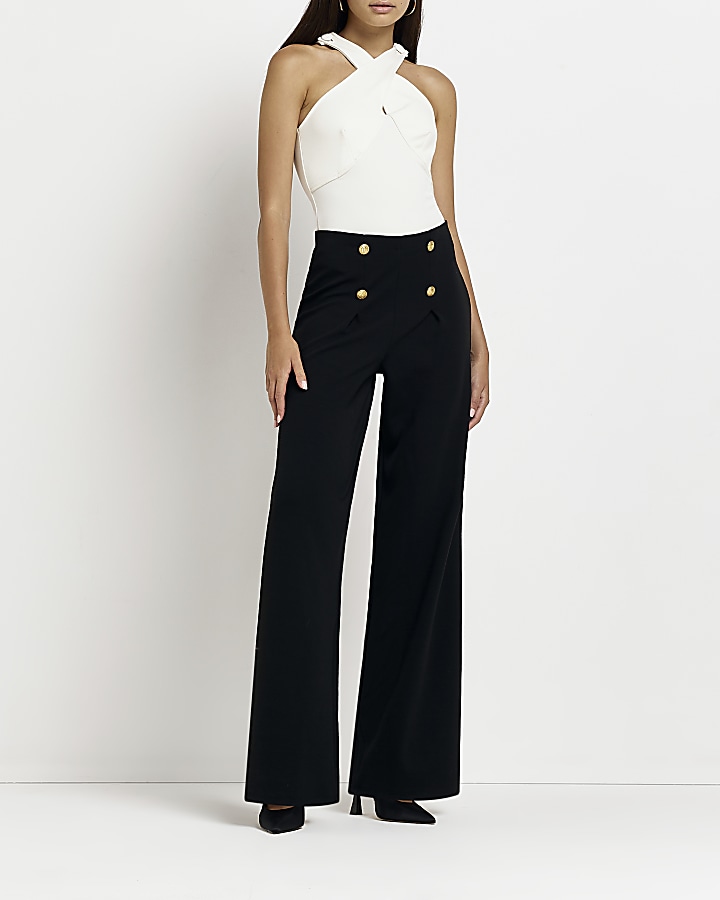 Black scuba high waist wide leg trousers