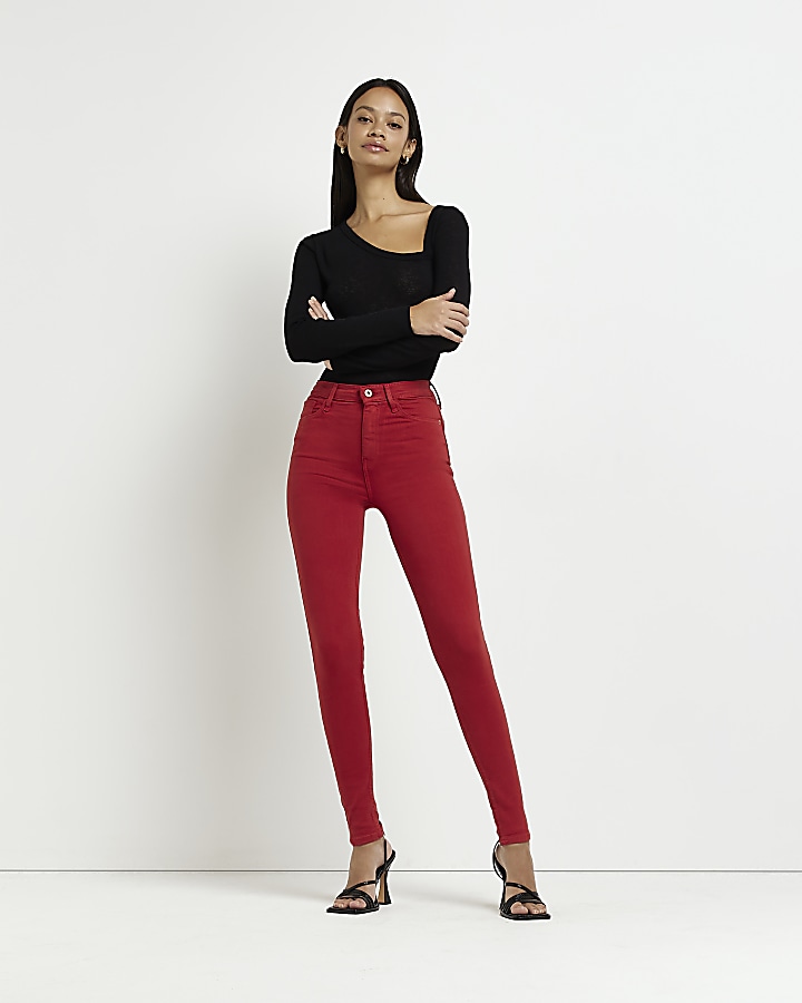Red high waist bum sculpt skinny jeans | River Island