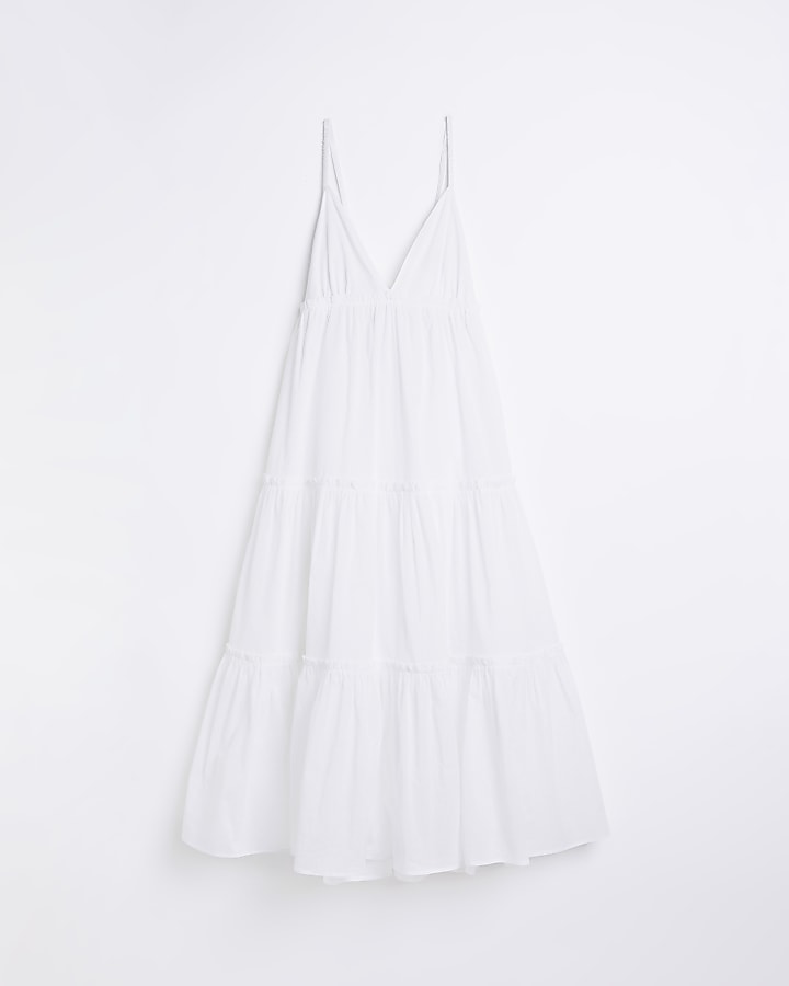 White tiered beach cami midi dress