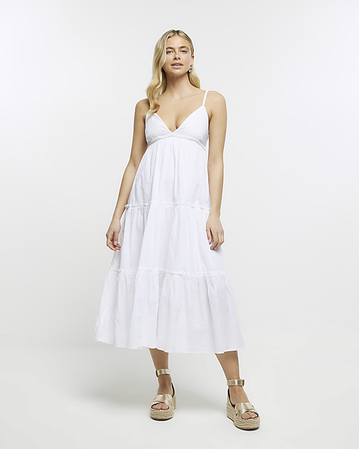 White tiered beach cami midi dress | River Island