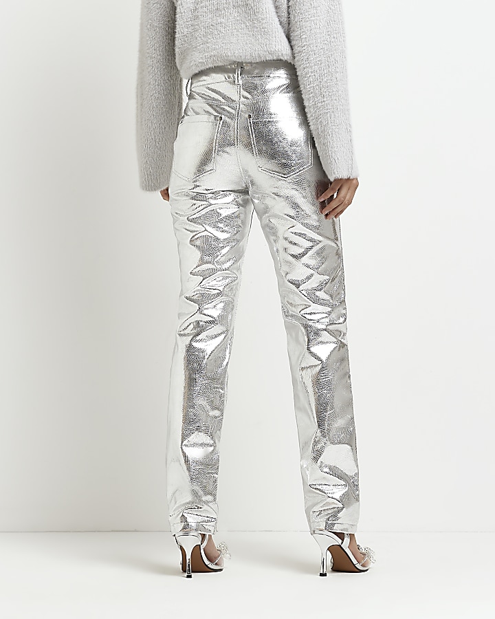 Silver faux leather straight leg trousers