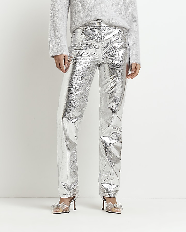 Silver faux leather straight leg trousers