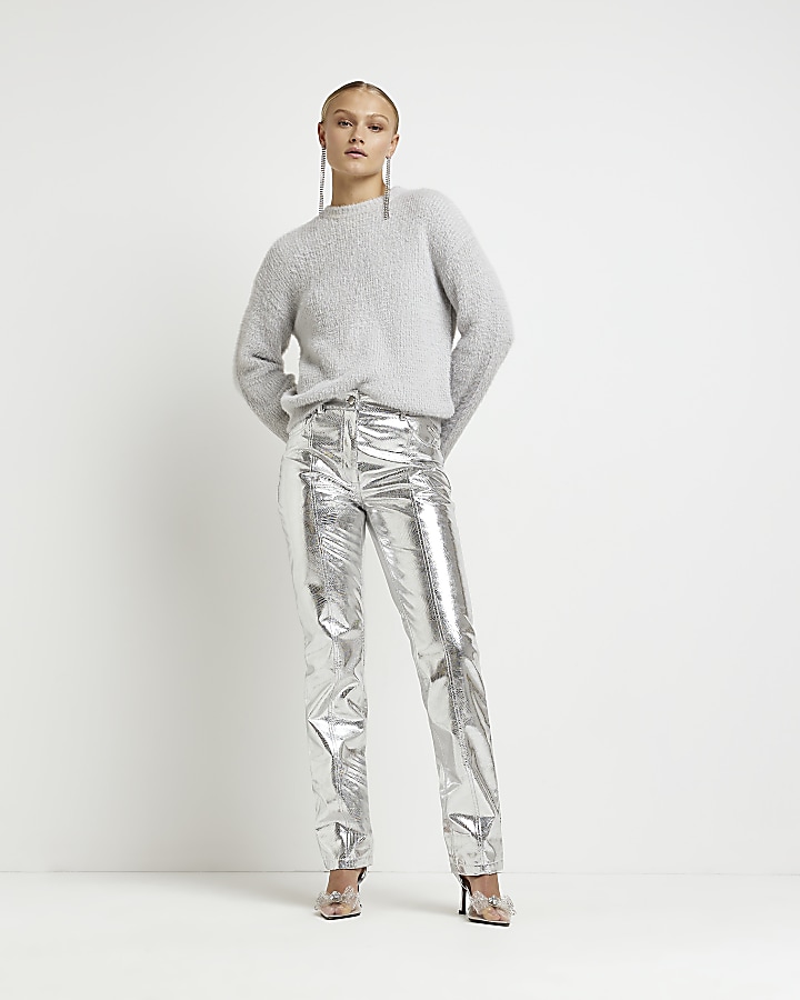 Silver faux leather straight leg trousers