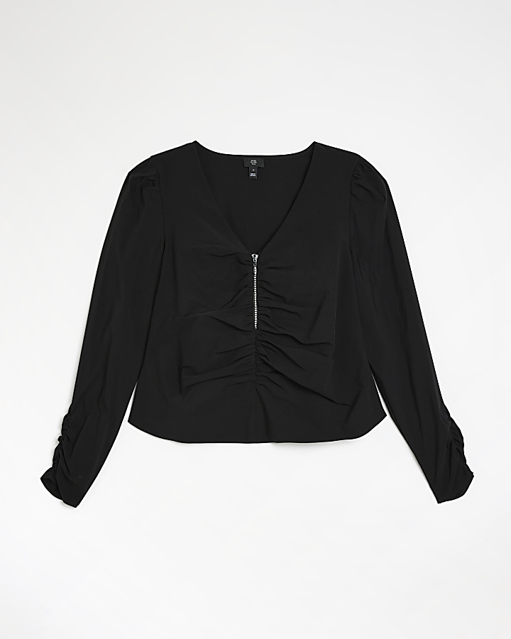 Plus black ruched long sleeve blouse | River Island