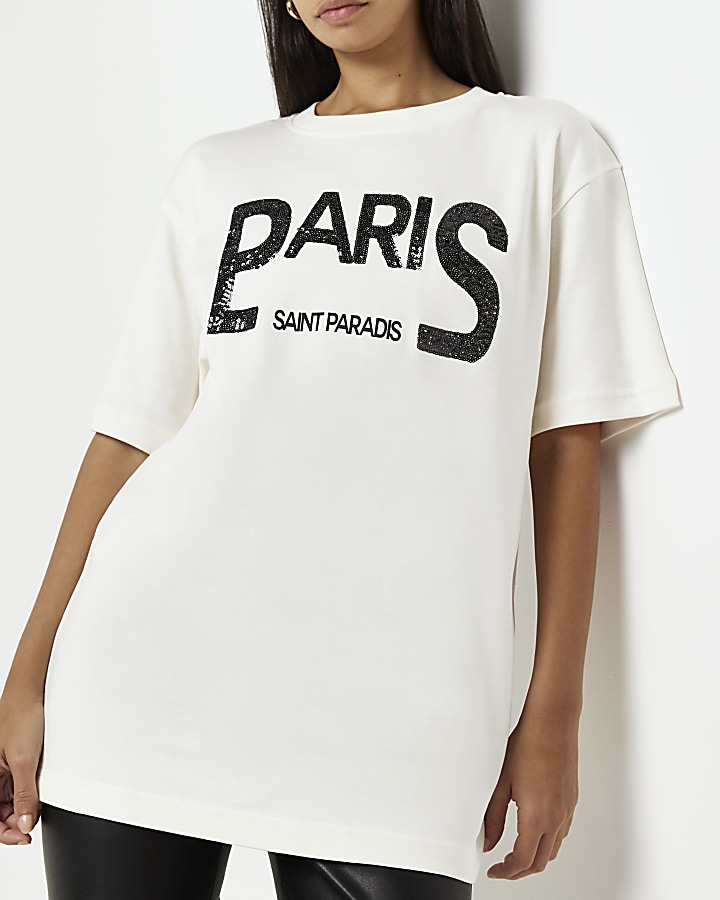 White sequin paris graphic t-shirt