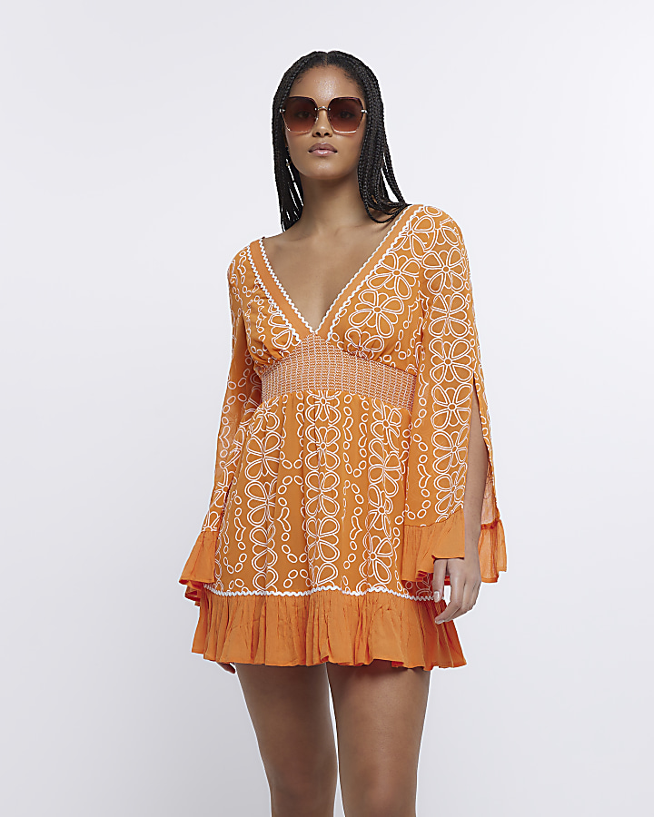 Orange floral embroidered beach mini dress