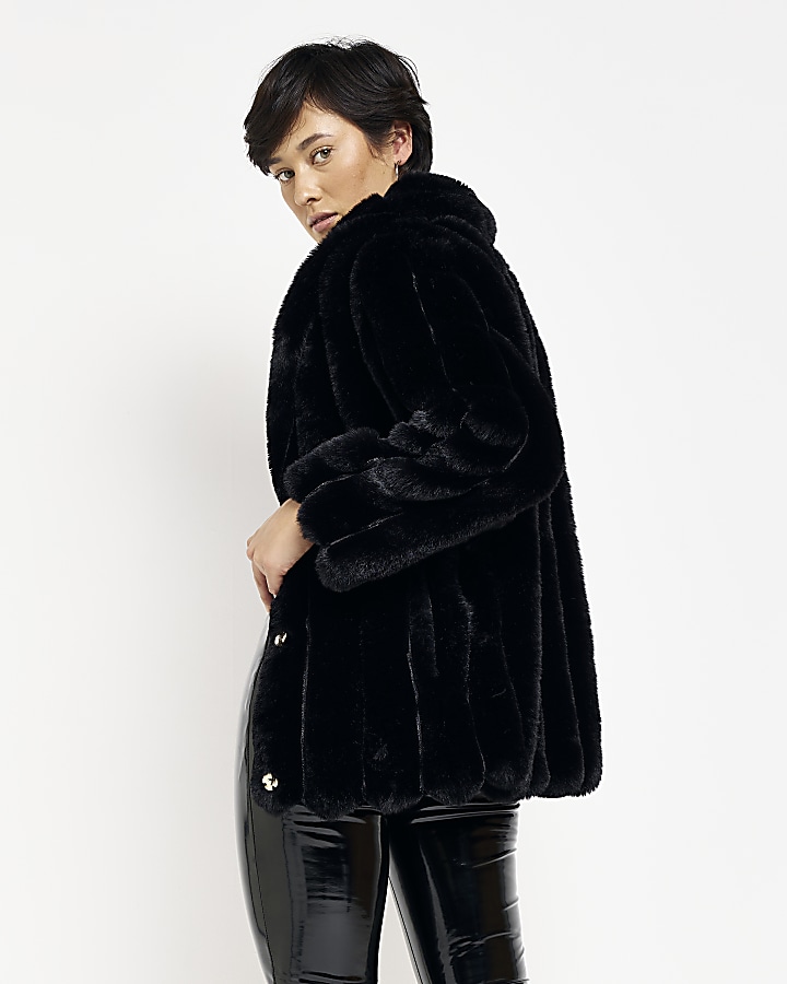 Petite black faux fur panelled coat