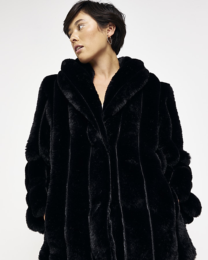 Petite black faux fur panelled coat | River Island