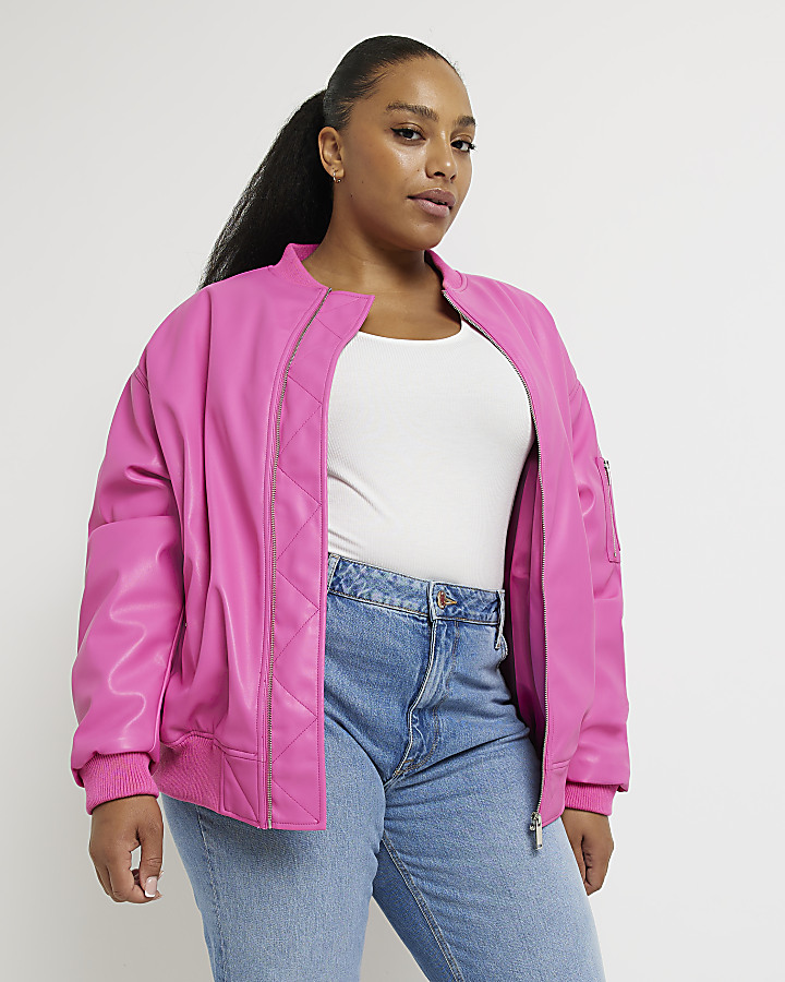 Plus size pink outlet faux leather jacket