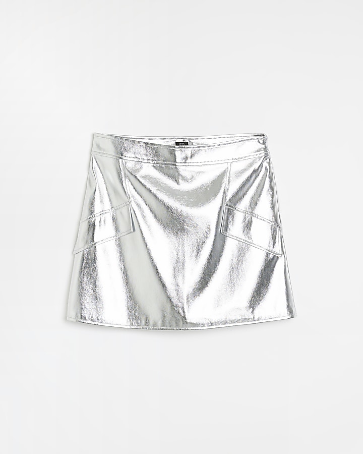 Silver metallic faux leather mini skirt