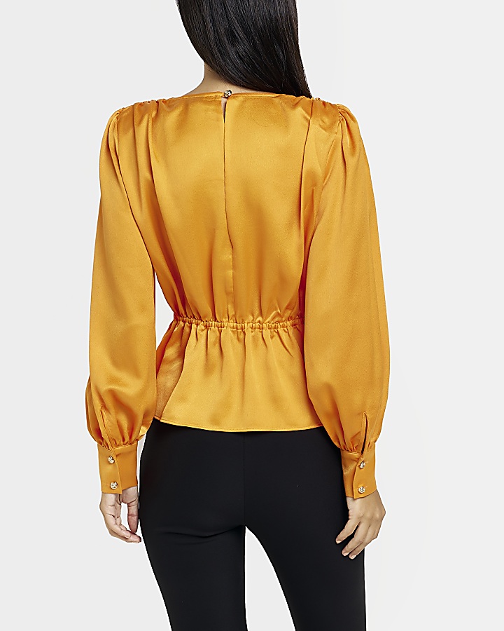 Orange satin wrap blouse