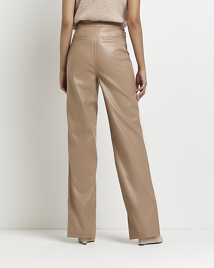 Brown faux leather straight trousers