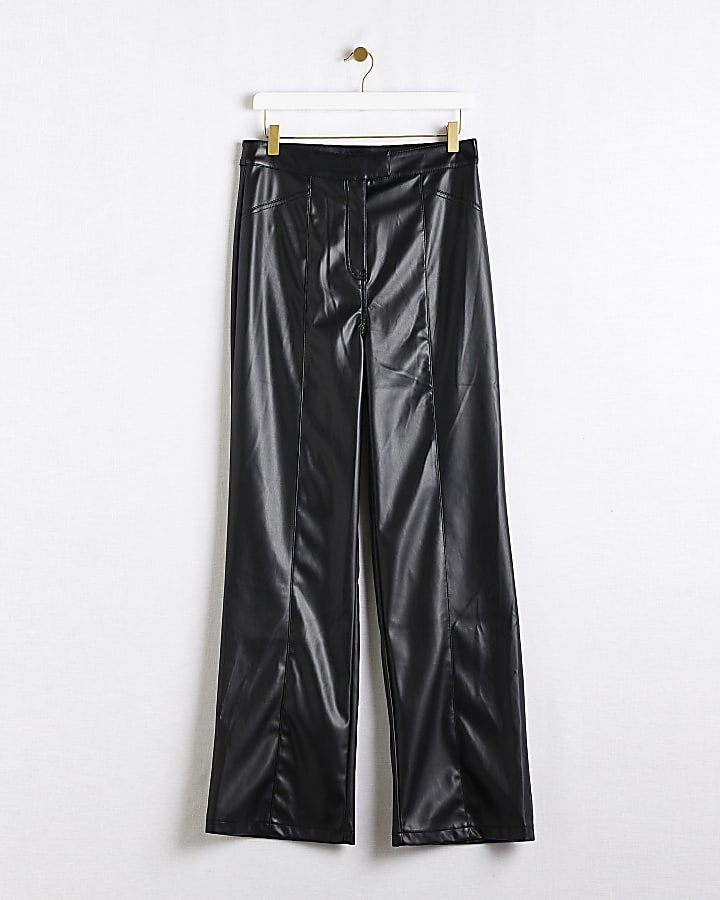Black faux leather straight trousers