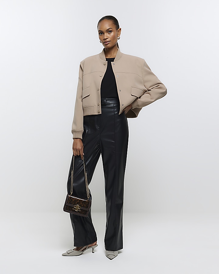 Black faux leather straight trousers | River Island