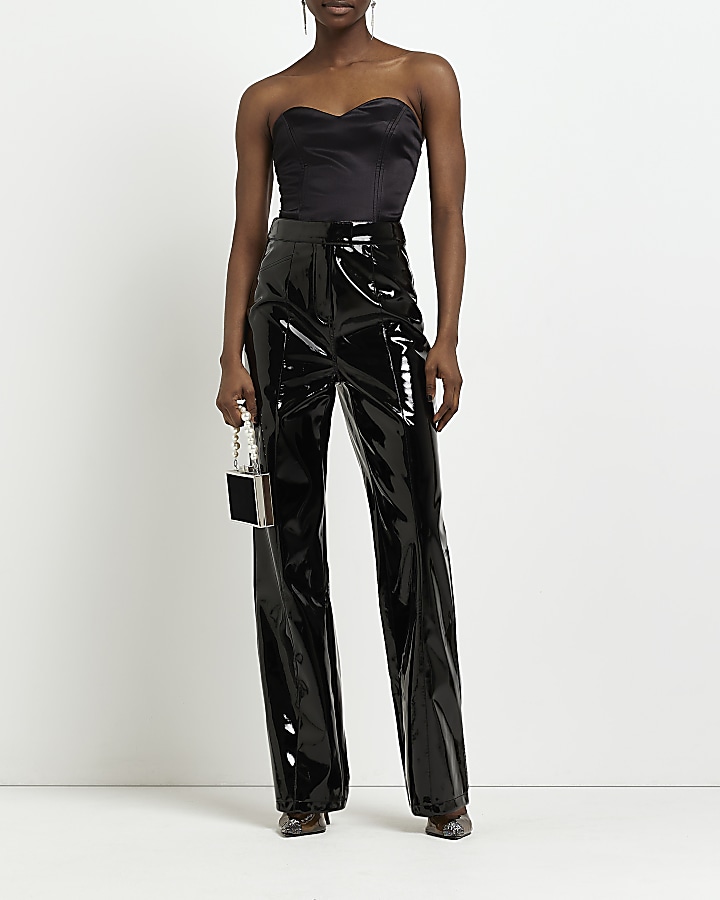 Black faux leather straight trousers