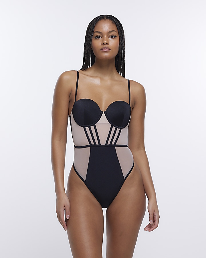 Black mesh panelled swimsuit