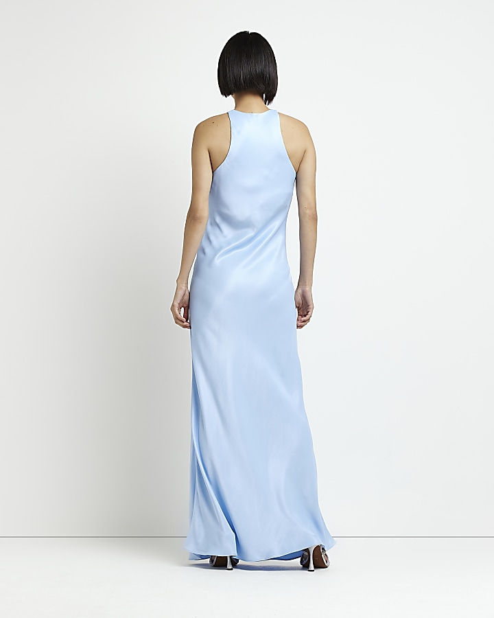 Pale blue satin halter neck maxi dress
