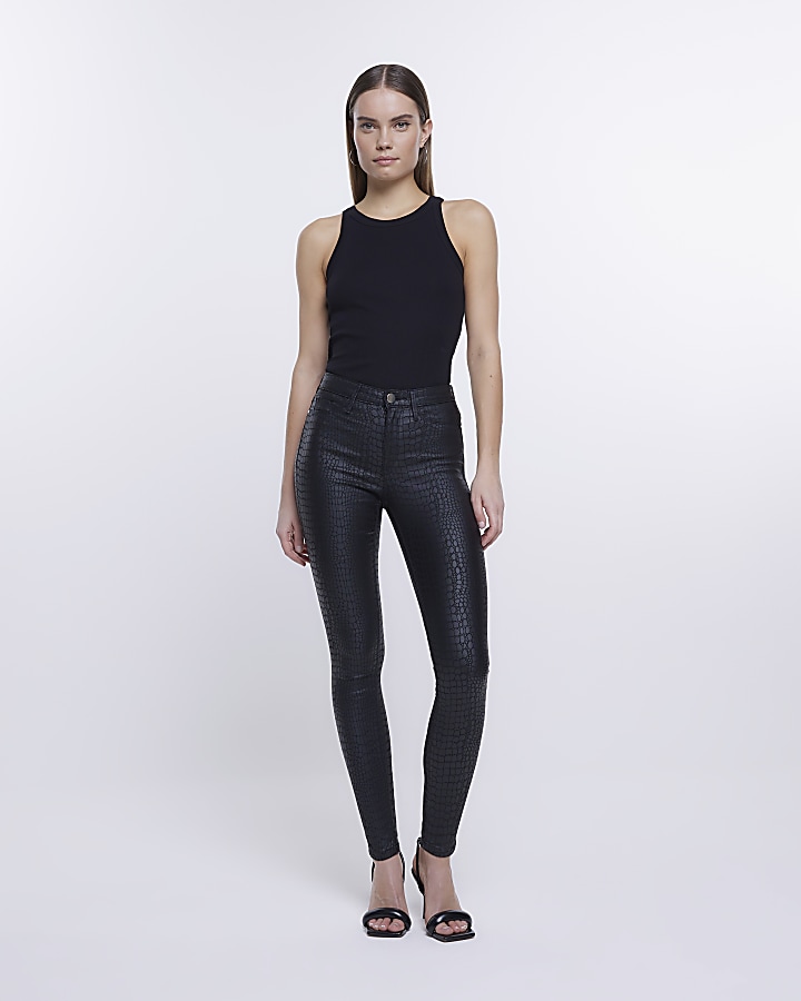 River Island Molly waxed coated skinny jeans in black