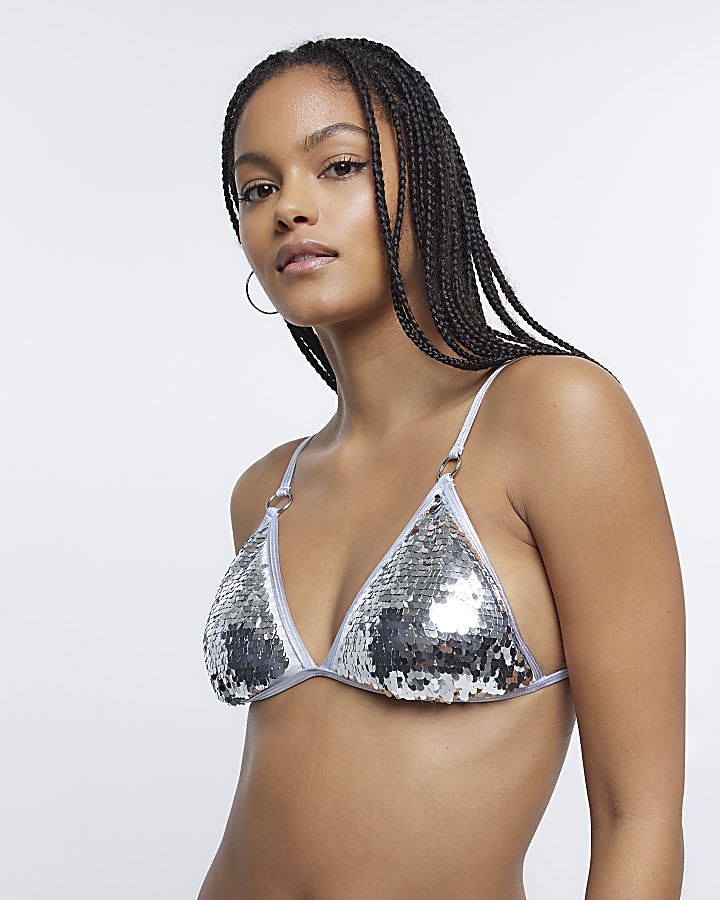 Silver sequin triangle bikini top