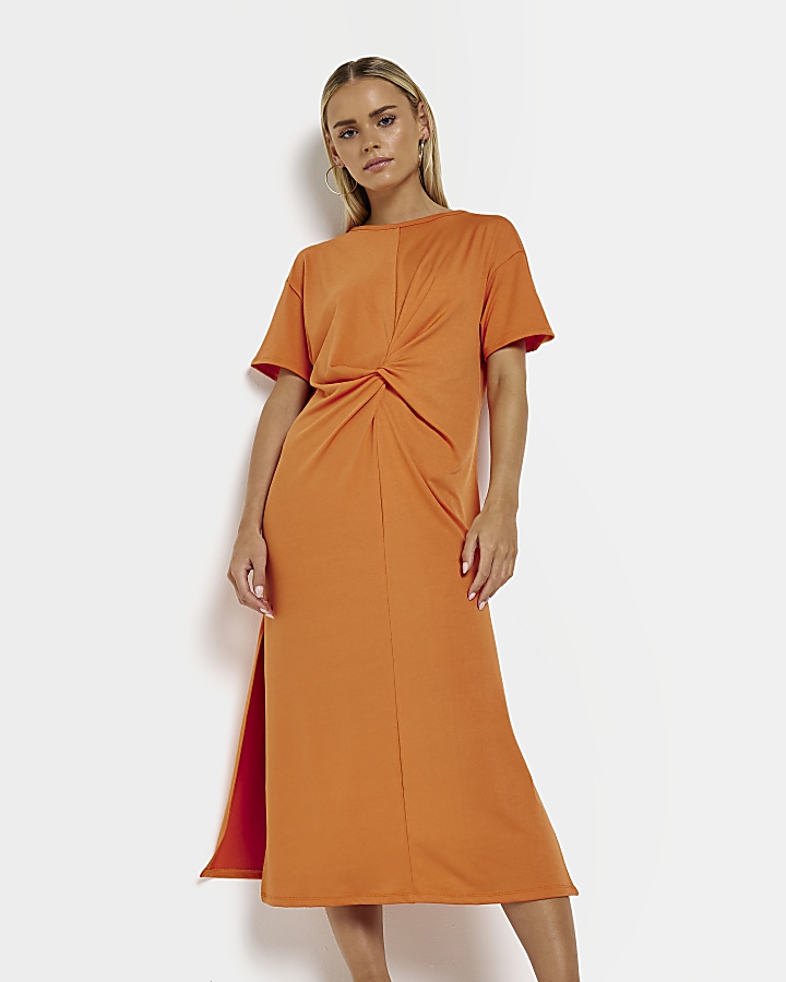 Petite orange jersey twist t-shirt dress