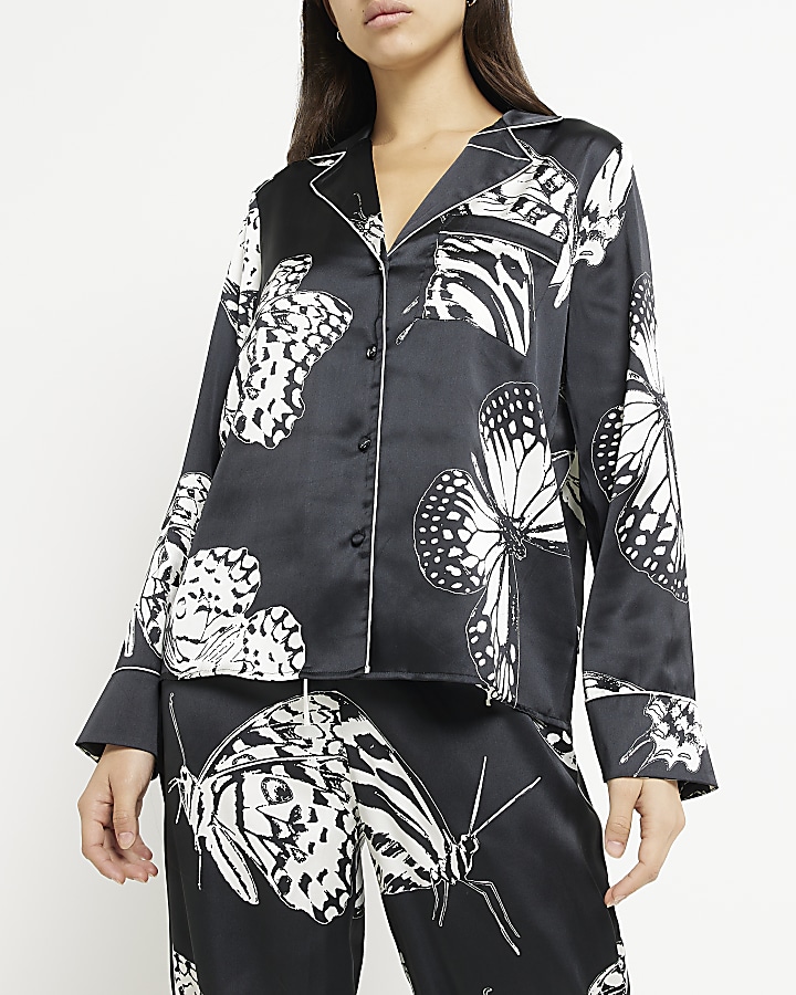 Black print satin pyjama top