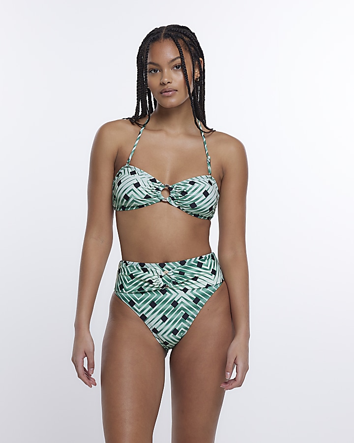 Green printed high waist bikini bottoms