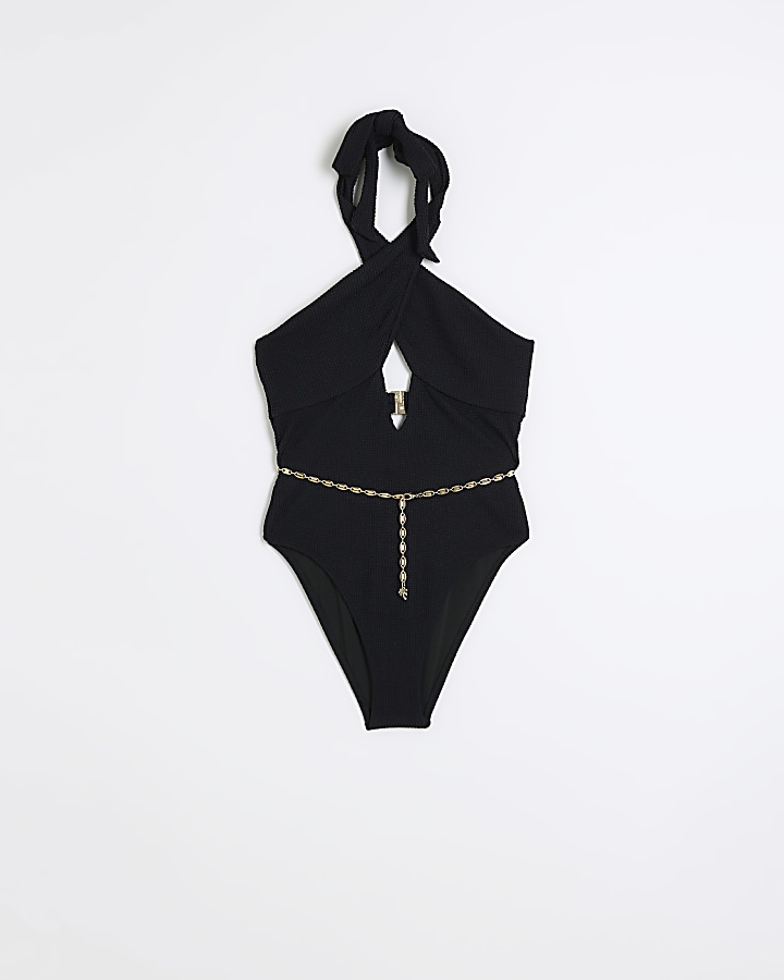 Black Textured Cut Out Belted Swimsuit