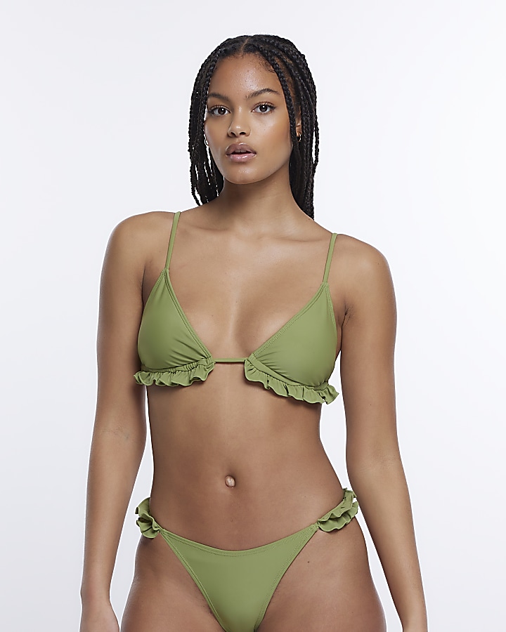 Green frill bikini top River Island