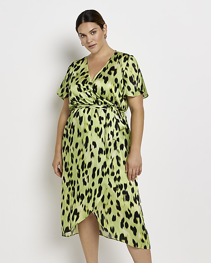 Plus yellow leopard print wrap midi dress