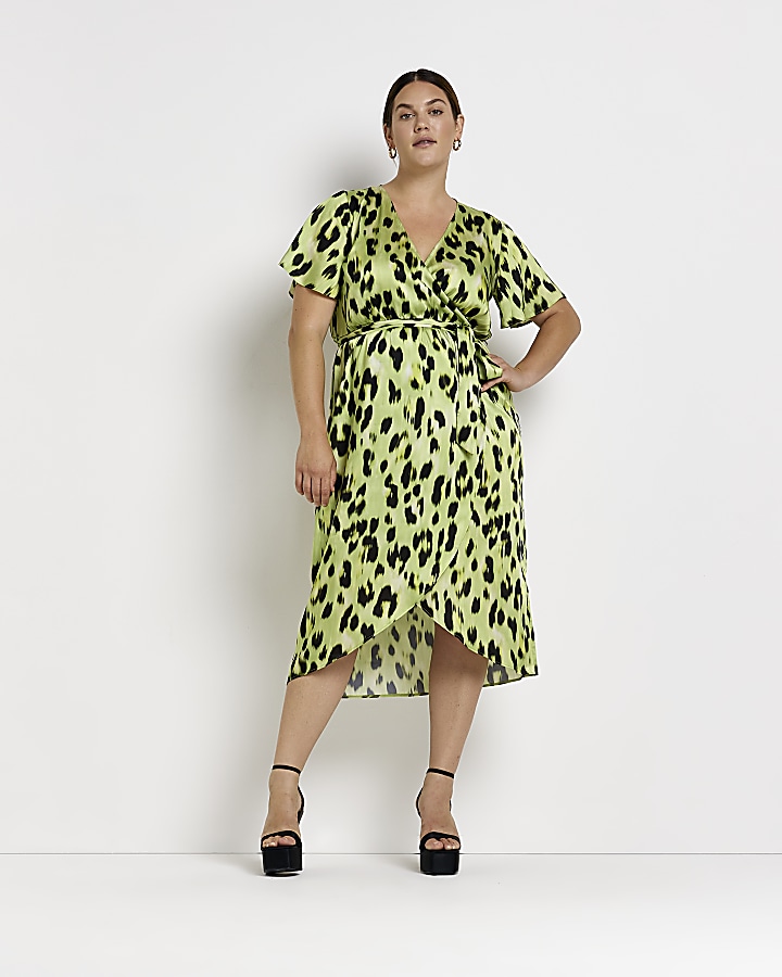Plus yellow leopard print wrap midi dress