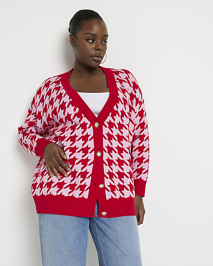 Plus red dogtooth long sleeve cardigan River Island