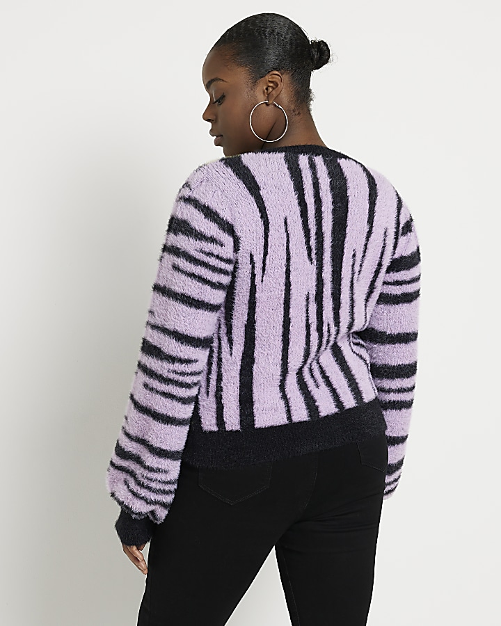 Plus purple animal print fluffy knit cardigan