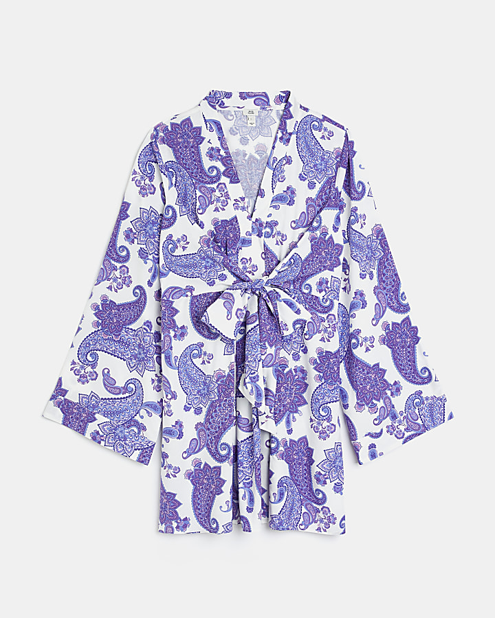Purple printed wrap mini dress | River Island