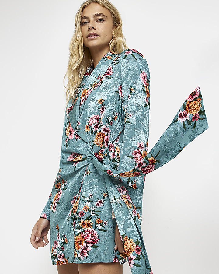 Green floral long sleeve blazer dress River Island