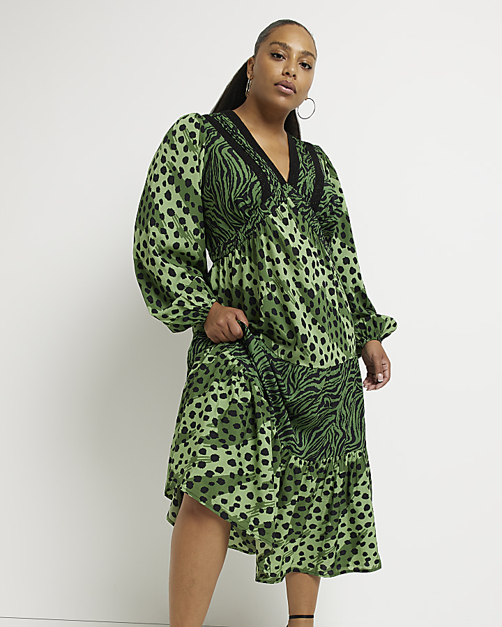 Green animal print store midi dress